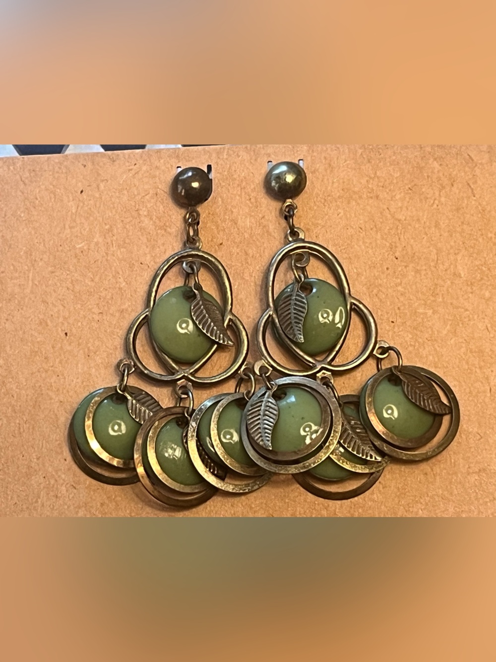 Vintage-Inspired Olive Green Dangle Earrings with Leaf Accents